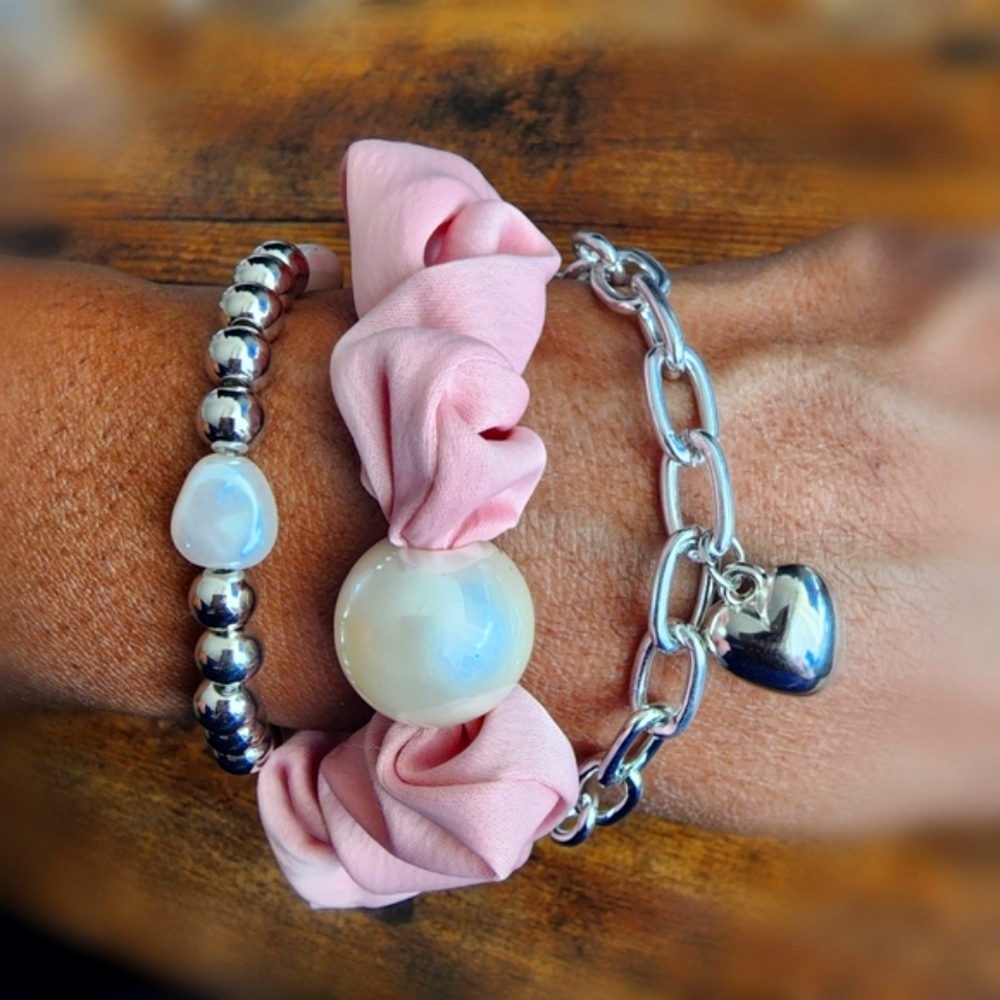 3 Pcs Barbie Bracelet Set Pink Stretchy Bracelet w/ Pearl and 2 Silver Bracelets